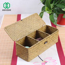 WHISM 3 Grid Handmade Rattan Storage Box Straw Desktop Organization Storage Basket with Cover Vintage Jewelry Storage Case Decor 2024 - buy cheap