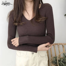 Suéter feminino liso com decote em v, blusão feminino de malha com manga longa, quente e slim, outono e inverno 2020 2024 - compre barato