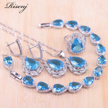 Risenj-conjunto de joias cor prata com pedra azul-céu, brincos, colar e pulseira, joias de noiva 2024 - compre barato