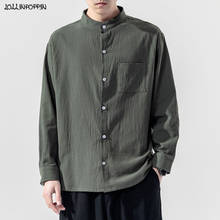 Camisa masculina de manga longa com gola alta, camisa de algodão e linho para homens, estilo japonês, cor sólida, primavera-verão, verde militar, 2020 2024 - compre barato