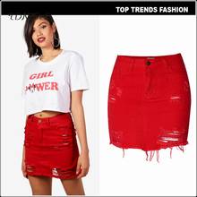 Saia jeans vermelha rasgada e apertada, mini saia jeans curta de cintura baixa para mulheres, estilo lavado, com novo pacote, saia hip 2024 - compre barato