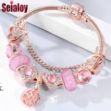 Seialoy pulseira de ouro rosa para mulheres, bracelete de coração, coroa rosa, pulseira de contas sven, adequado para meninas, casal, joias de amizade, presente 2024 - compre barato