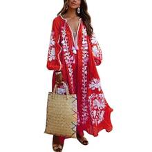 Mulheres Vestido de Verão Da Moda Profundo Decote Em V Manga Lanterna Do Vintage Étnico Floral Impressão Soltas Vestido Longo платье 2021 2024 - compre barato