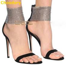 Choudory-Sandalias con correa de cristal ostentosas para mujer, zapatos de tacón de aguja con patrón de red, de boda, de gamuza negra, con diamantes de imitación, envío directo 2024 - compra barato