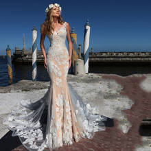 Eightree-vestido de Novia de encaje, prenda bohemia de sirena, color champán, con escote en V, ilusión en la espalda, 2020 2024 - compra barato