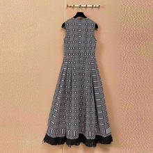 Spring Women Vintage Runway Fashion Sleeveless Slash Neck Geometric Print Tassel Elegant Long Dress 2024 - buy cheap