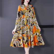 2021 Spring Summer New Women Fashion Large Size Korean Loose Print Dress Mid-Length V-Neck Nine-Point Sleeve Printing Dress s329 2024 - buy cheap