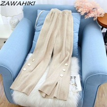 ZAWAHIKI Pantalones De Mujer Knited Solid Buttons High Waist Loose Autumn Winter Wide Leg Pants Women Vintage 2021 Pantalones 2024 - buy cheap