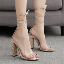 Women's shoes summer PU lace up round head snake pattern cross belt thick heel square heel 11.5cm waterproof high heel sandals 2024 - buy cheap