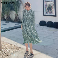 Элегантное женское платье со стоячим воротником и рюшами, повседневное женское шифоновое платье с длинным рукавом и эластичной талией, осень 2020, миди платья 2024 - купить недорого