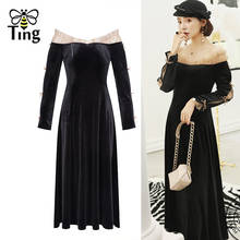 Tingfly Sexy Slash Necl Velvet Midi Party Dresses Ruched Ruffles Slim Black Velvet Vintage Dress Casual Spring Winter Vestidos 2024 - buy cheap