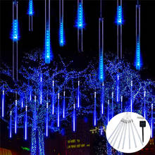 Luces solares de lluvia de meteoritos, cuerda de luces de 30cm, 8 tubos, 144 LEDs, gota de lluvia, carámbanos para árboles de Navidad, decoración de Halloween 2024 - compra barato