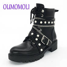 Winter Boots Women Pearl + chain Bead Bling Boots Women's Zipper Ankle boots Square heel Motorcycle Boots V276 2024 - buy cheap