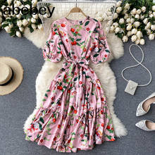 Women French Floral Dress Sweet Puff Sleeve O Neck A-line Dresses Summer Bohemian Print Casual Vacation Split Dress 2024 - buy cheap