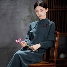 Vestido oriental feminino outono inverno, vestido cheongsam malha de manga comprida, robe vintage, vestido chinês slim fit, 11675 2024 - compre barato