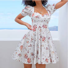 Vestido corto blanco bohemio con estampado de flores para mujer, ropa de manga corta abombada con cremallera, vestido de verano elegante 2024 - compra barato