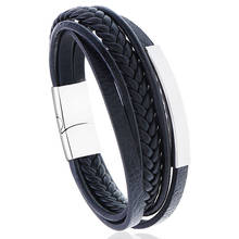 Mamingshow pulseira masculina de couro, preto, marrom, magnética, de aço inoxidável, trançado, punk rock 2024 - compre barato