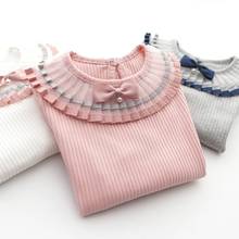 Приталенная рубашка для девочек милые топы со складками и кружевом с бантом и жемчугом, вязаный свитер с длинными рукавами, нижнее белье, одежда 2024 - купить недорого