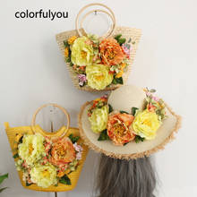 Bolsos de flores hechos a mano para mujer, bolso de paja tejido para playa, Color amarillo, de gran capacidad, con sombrero, novedad de verano 2021 2024 - compra barato