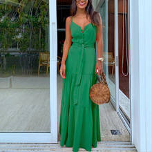Vestido largo verde de verano, túnica con cuello de pico y volantes, elegante, con tirantes finos, para Mujer 2024 - compra barato