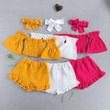 3 pçs infantil roupas de cor sólida, bebê meninas fora do ombro alargamento mangas barco pescoço topos + calções plissado + bowknot bandana 1-6t 2024 - compre barato