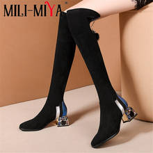 MILI-MIYA Fashion Women Genuine Leather Boots Stretch Flock Over-The-Knee Zipper Round Toe Square Heels Plus Size 34-42 2024 - buy cheap