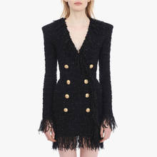 Vestido feminino com franjas e botões, moda high street, 2021, decote em v, botões de leão, borla, tweed 2024 - compre barato