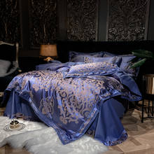 Azul real jacquard cetim conjuntos de cama capa edredão folha fronhas 4 pçs sólido macio seda/algodão luxo conjunto cama têxtil casa 2024 - compre barato