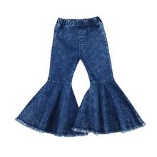 Criança bebê menina queimado jeans azul bell-bottom cintura alta calças de brim básico primavera outono crianças calças de brim outfit para 2-7 anos de idade 2024 - compre barato