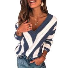 2019 Basic Deep V Striped Solid Autumn Winter Sweater Pullover Women Female Knitted Sweater Long Sleeve christmas sweater women 2024 - buy cheap
