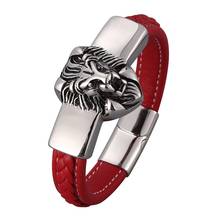 Trendy Red Leather Men Bracelet Lion Head Stainless Steel Magnetic Buckle Punk Rock Bangles Male Wristband Party Jewelry PD0827 2024 - buy cheap