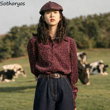 Camisas femininas veludo flor impressão primavera outono feminino blusa casual all-match topos estilo coreano vintage manga longa ulzzang 2024 - compre barato