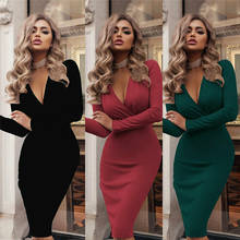 Summer Fashion Sexy Women Bandage Bodycon Dresses Office Ladies OL Long Sleeve V Neck Eveing Party Midi Dress 2024 - buy cheap