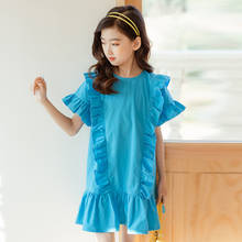 Summer Children Girls Ruffles Blue Cotton Dress 2021 New 8 10 12 14 year Kids Outfit 2024 - buy cheap