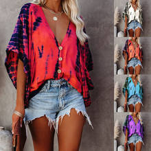 Blusa de estilo urbano para mujer, camisa holgada con lazo teñido, estilo bohemio, Vintage, elegante, con cuello en V, para otoño 2024 - compra barato