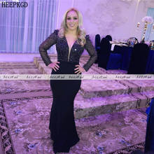 Vestido de noite preto sereia manga comprida com cristal brilhante gola v longo eventos formais vestidos plus size 2024 - compre barato