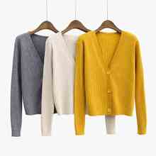 Cardigan curto camisola feminina 2019 primavera outono solto casaco de manga comprida gola v moda elegante casaco de malha roupas femininas 2024 - compre barato