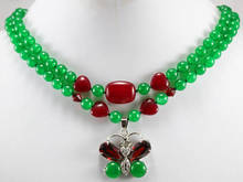 lady's fashionalbe accessory!  Pretty 2 rows green & red Jade  necklace inlaid crystal butterfly pendant 2024 - buy cheap