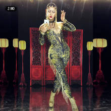 red Gold Tassel Fashion Jumpsuit Women Printed Tights Stage Show Outfit Nightclub One Piece Bodysuit bar Dance birthday Costumes 2024 - buy cheap