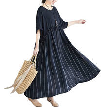 2022 Summer New Women's Cotton Linen Dress Short Sleeve  Round neck Stripe Loose A-line Maternity Black Dresses Long Dress G857 2024 - buy cheap