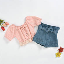 Conjunto de ropa de moda para niñas de 1 a 5 años, Tops de encaje a rayas rosas de manga corta y pantalones cortos Vaqueros, trajes de verano 2024 - compra barato