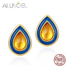 ALLNOEL Solid 925 Sterling Silver Stud Earrings For Women Natural Amber Retro Oil Drip Earrings Real Gold Wedding Fine Jewelry 2024 - buy cheap