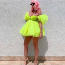 Fashion Neon Green Short Dresses Women A-line Off The Shoulder Mini Dress With Puff Cap Sleeves Tutu Party Dress 2024 - buy cheap