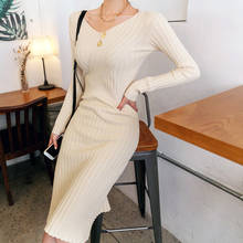 Fashion women elegant knit bouncy v-neck warm dress new arrival casual work style autumn High elasticity basic cute pencil dress 2024 - buy cheap