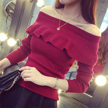 Autumn Slim Women Thin Sweaters Korean New Fashion Sexy Slash neck Ruffles Knitwear Long Sleeve Solid Pullover Tops 62652 2024 - buy cheap