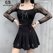 Gothblack Vintage Slim Solid Long Sleeve Crop Top Women Gothic Lace Bandage Mesh Patchwork Tshirt Female Streetwear Party Tops 2024 - buy cheap