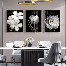 Fondo negro, pintura de flores blancas sobre lienzo, carteles impresos, decoración de pared moderna, imágenes artísticas de pared para sala de estar 2024 - compra barato