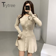 Trytree 2020 Autumn Winter Women Casual Dress O-neck Knitting Single Breasted Pockets A-line Pleated Solid 4 Colour Mini Dress 2024 - buy cheap