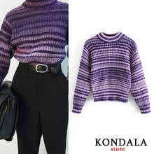 KONDALA Za Women's Sweater Vintage Violet Striped Print O-Neck Loose Sweaters Long Sleeve Thick Winter Pullovers Mujer Tops 2024 - buy cheap