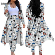 Jackherelook fofo com estampa veterinária, plus size, feminino, casual, 2 peças, casaco trench coat e calças compridas com cintura alta 2024 - compre barato